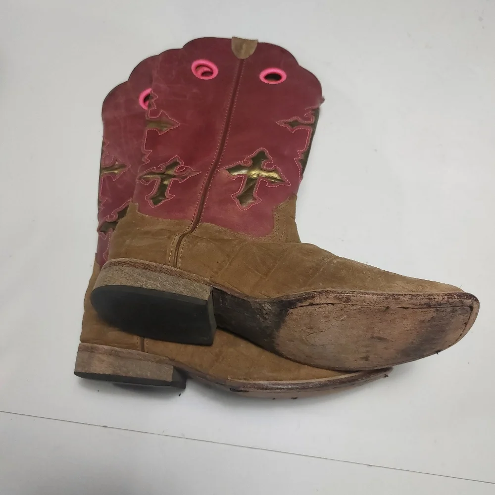 ARIAT Girls Pink and Brown Leather Slip-on Boots Size 3